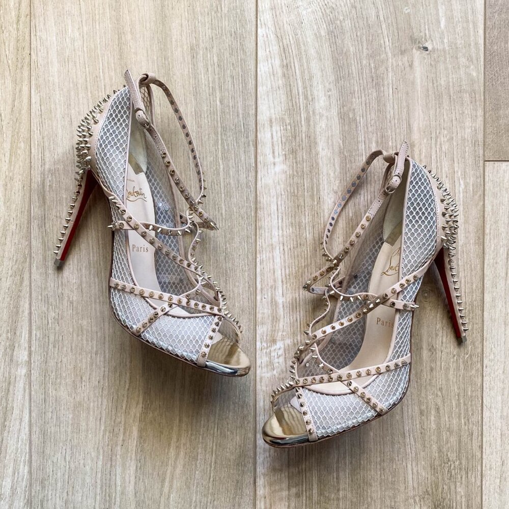 Louboutin Alarc Nude Leather Spiked Heels